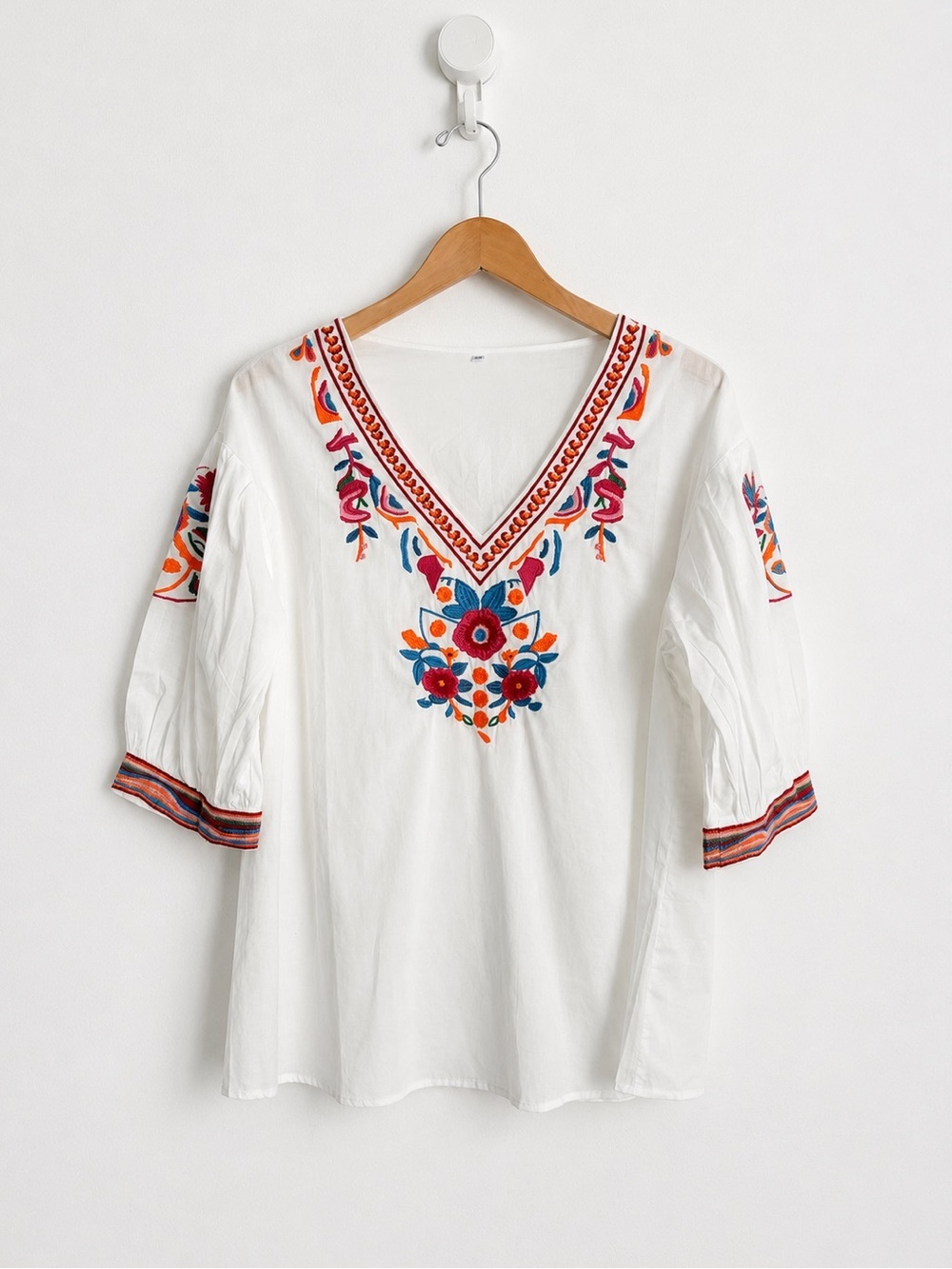 Embroidered Cotton Peasant Blouse - Boho Folk Floral - Size M - NWOT